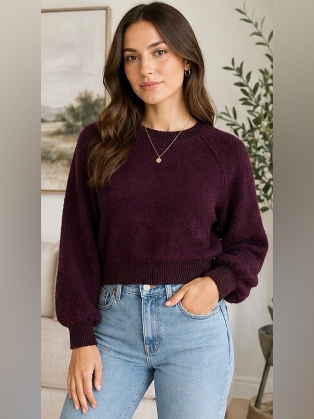 Native Daughters Rich Plum Fuzzy Cropped Sweater Cozy Soft S/M Pullover